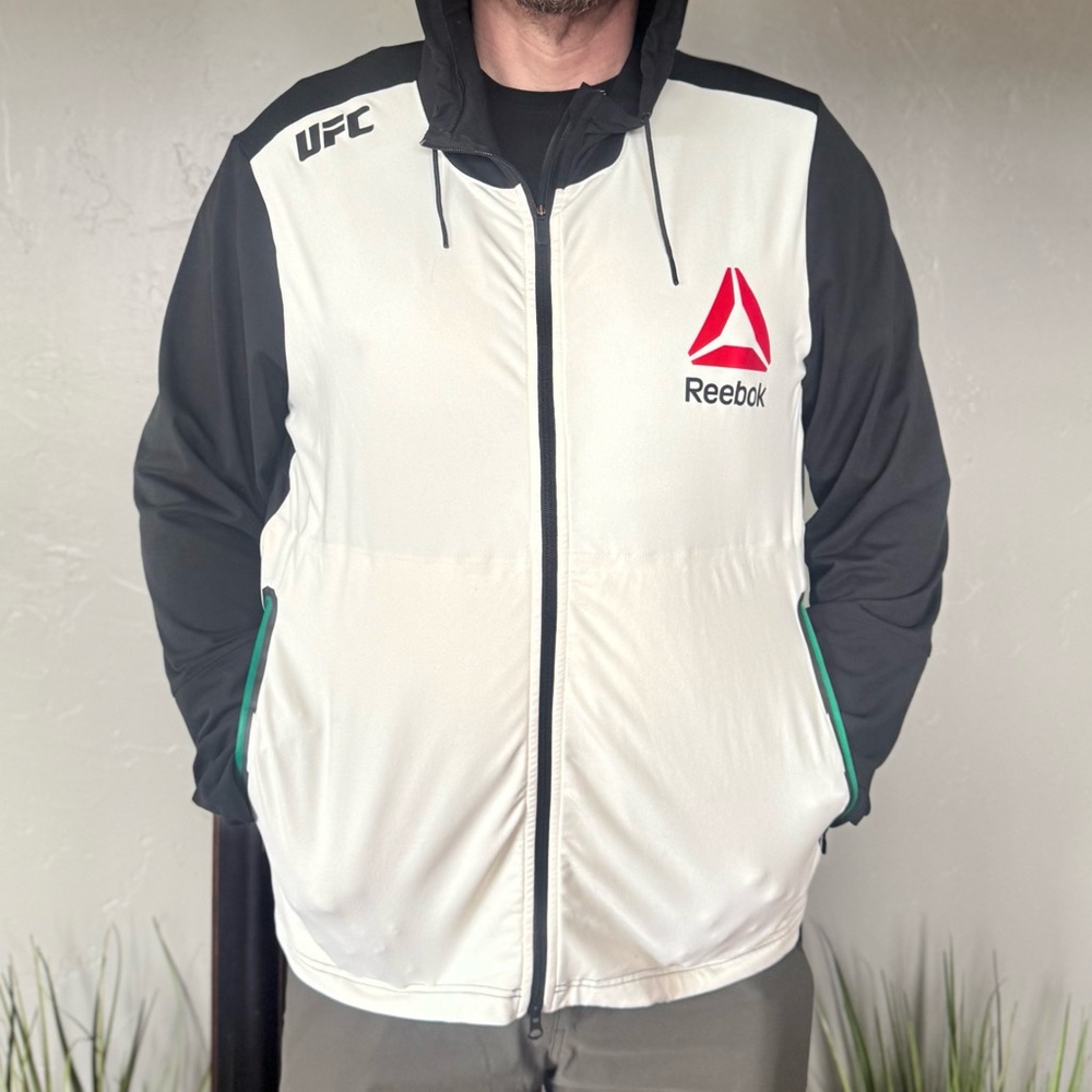 Reebok Men's Black and Cream UFC Walkout Zip Up Performance Hoodie Jacket